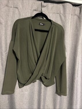 Zyia Draped Wrap-Front Long Sleeve Top — Olive Green